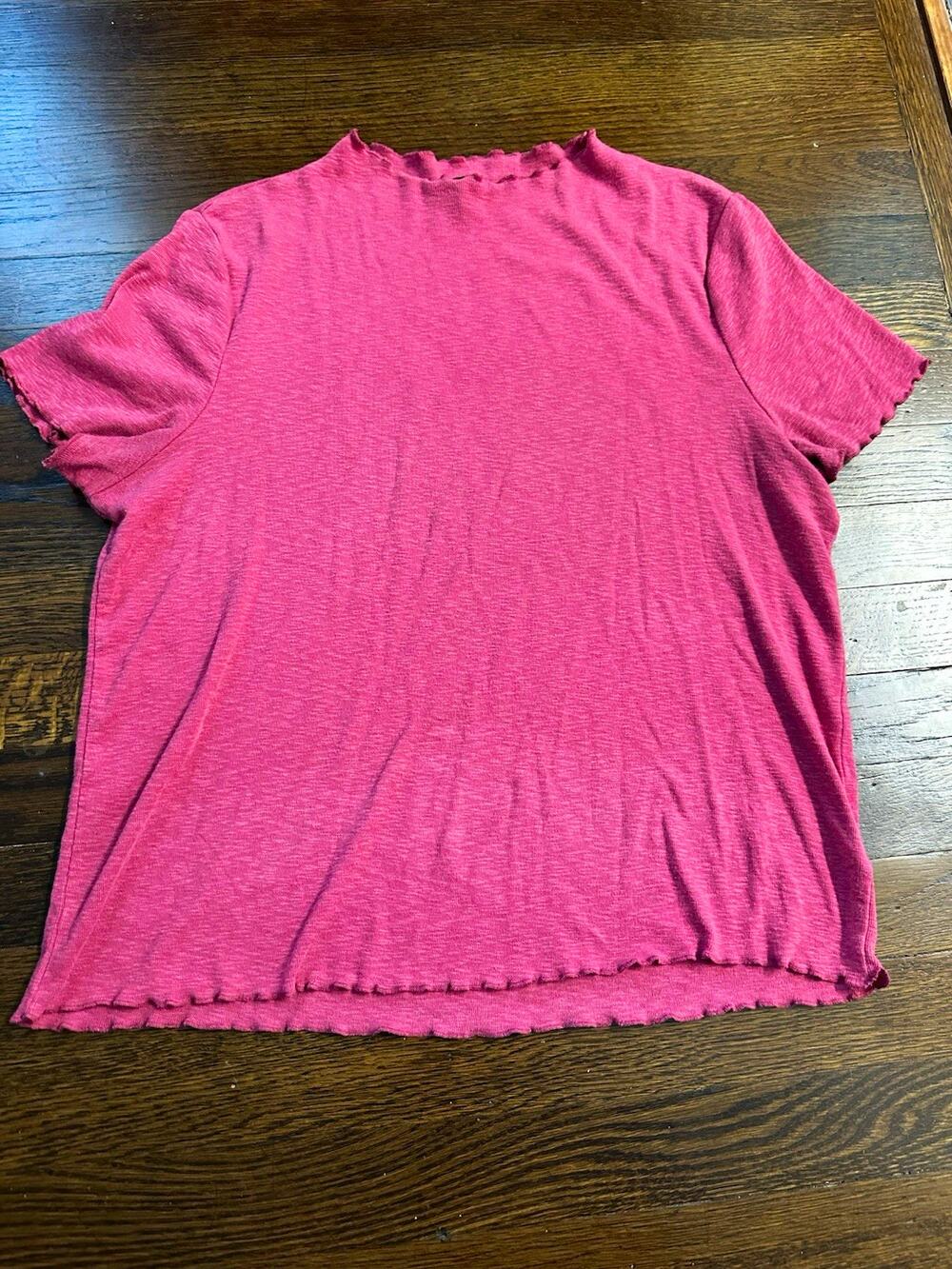 Vintage Express Pink Solid Ribbed Knit Ruffle Hem Crew Neck Short Sleeve Tee L